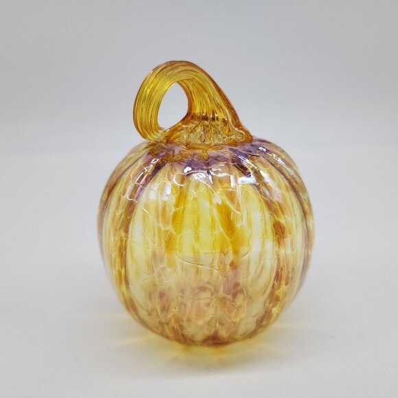 Hand Blown Glass Pumpkin Decor Iridescent Yellow & Orange Autumn Accent - Picture 5 of 7